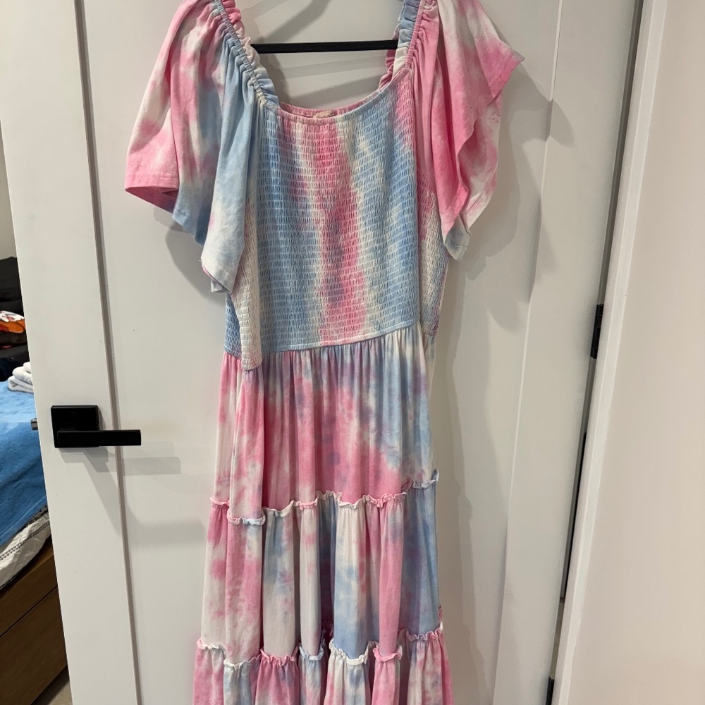 Ivy City Co Pink and Blue Tie-Dye Midi Dress